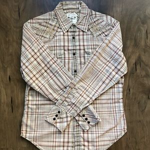 Guess Mens Long Sleeve Shirt- Plaid Tan and Brown